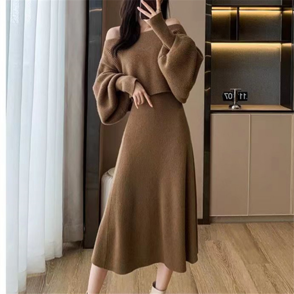 (11) Two-piece dress for women, new French style knitted skirt suit for autumn and winter