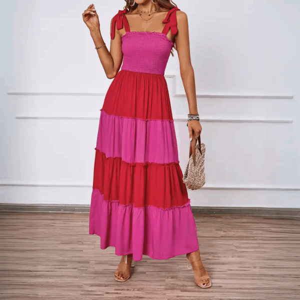（VIP1)Summer new commuting splicing ruffled sleeveless temperament suspender dress long skirt for women